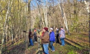 A photo of a group of 9 people in the woods. They are looking off to the side where the guide is pointing.