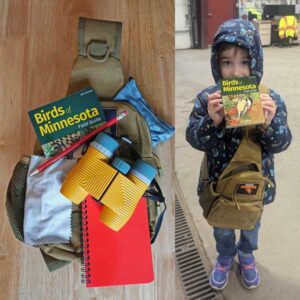 Photo collage. on left - bird pack with contents including bird book, binoculars, lens cleaning cloth, notebook and pencil. On right - a child wearing the birdpack and holding the Birds of Minnesota book.